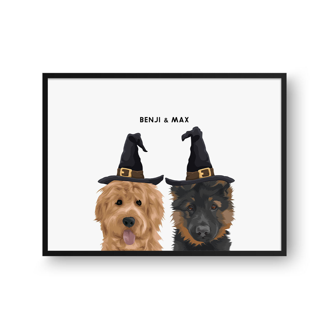 CustomPetPortrait_CrownandPaw_BlackFramedPoster-Horizontal_ModernPetPortraitFramedPosterTemplate-WitchHat-2Pets.jpg
