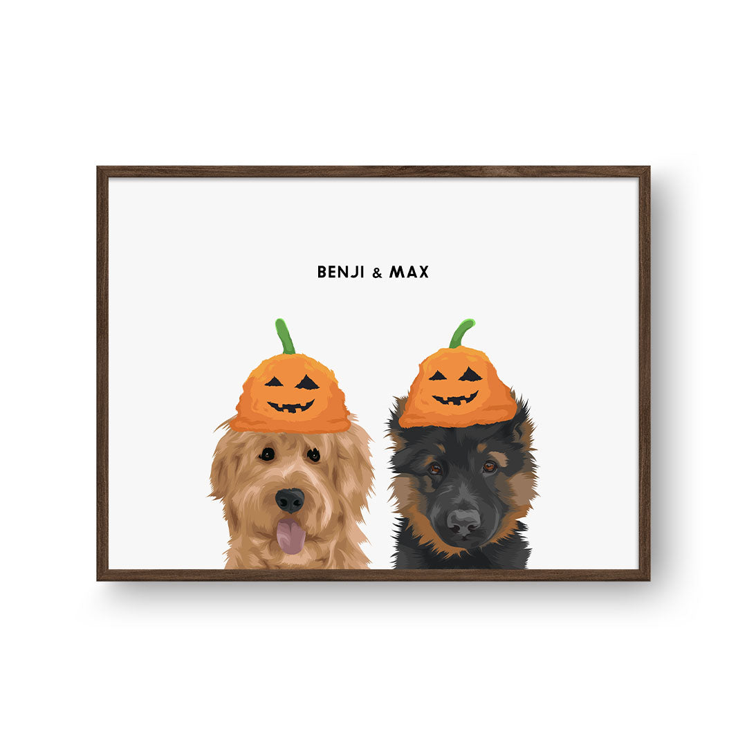 CustomPetPortrait_CrownandPaw_WalnutFramedPoster-Horizontal_ModernPetPortraitFramedPosterTemplate-PumpkinHat-2Pets.jpg