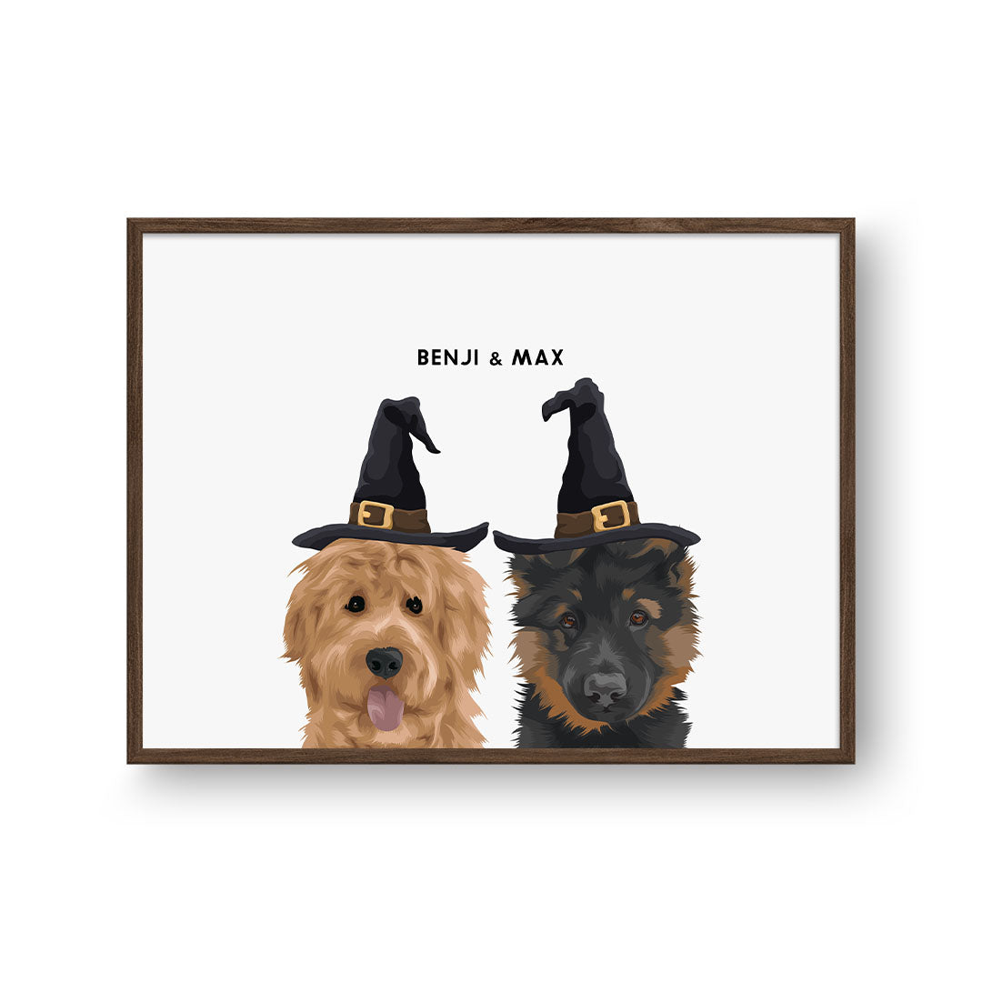 CustomPetPortrait_CrownandPaw_WalnutFramedPoster-Horizontal_ModernPetPortraitFramedPosterTemplate-WitchHat-2Pets.jpg