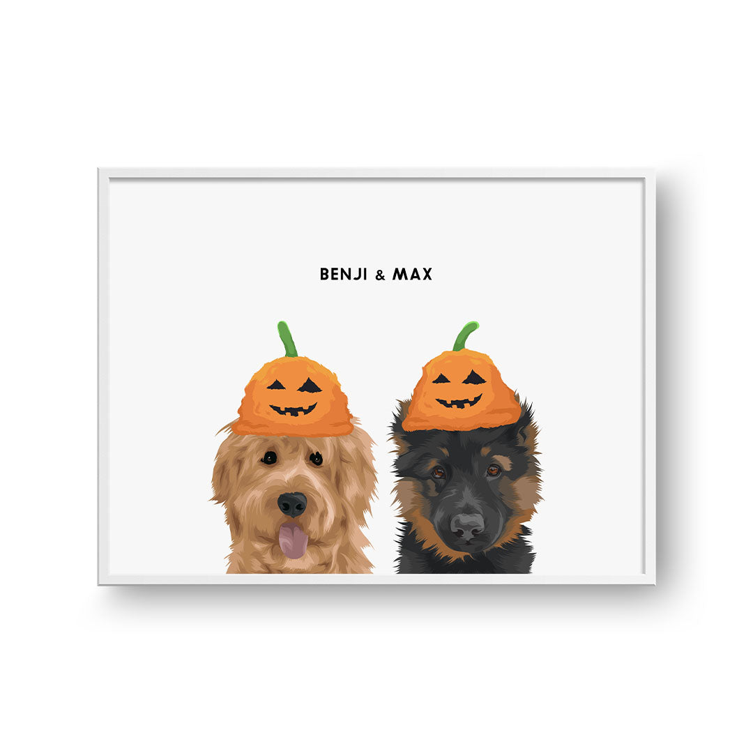 CustomPetPortrait_CrownandPaw_WhiteFramedPoster-Horizontal_ModernPetPortraitFramedPosterTemplate-PumpkinHat-2Pets.jpg