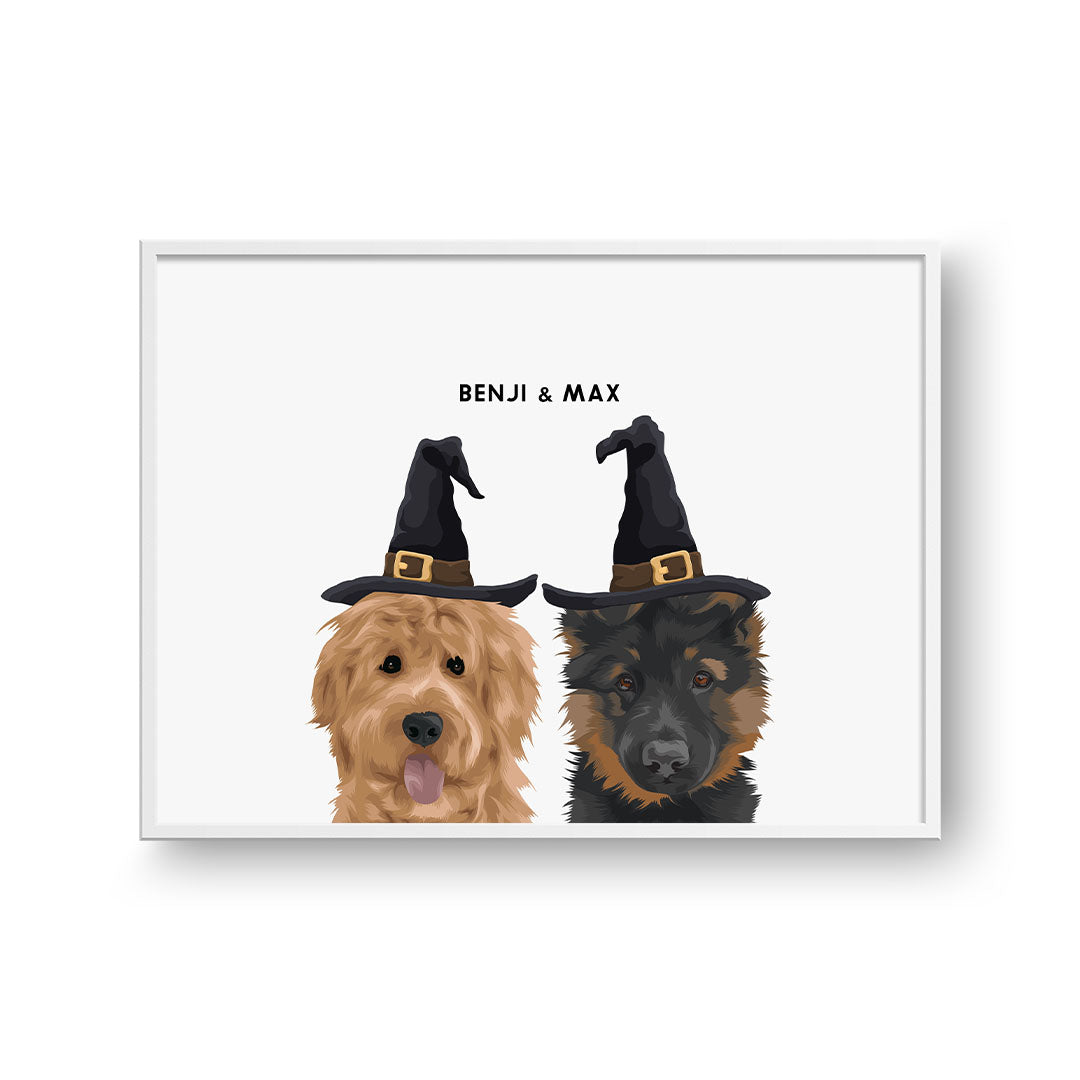 CustomPetPortrait_CrownandPaw_WhiteFramedPoster-Horizontal_ModernPetPortraitFramedPosterTemplate-WitchHat-2Pets.jpg